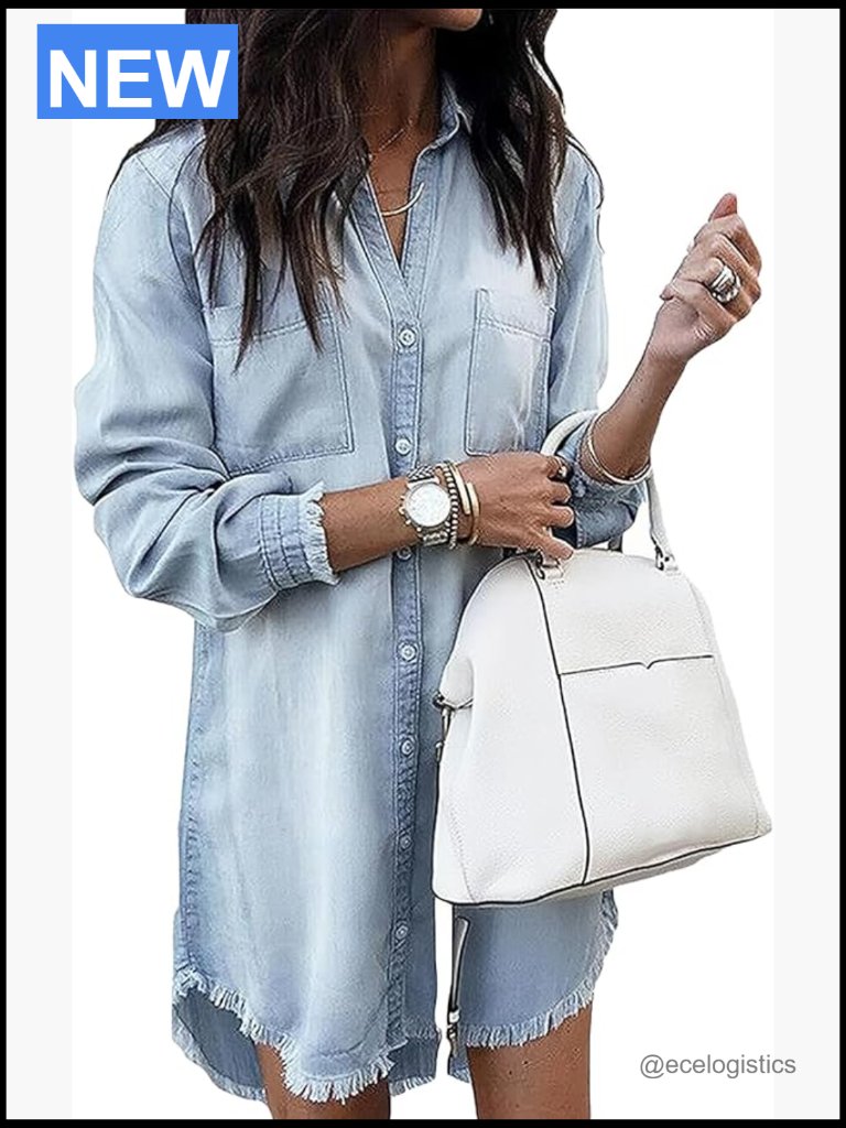 Denim Shirt Dress Long Sleeve Button Down Tunic Mini Dress Casual Jean Dress